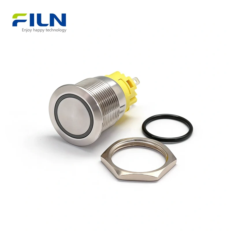 19mm LED Push Button Switch Momentary/Latching Stainless Steel 5-Pin Ring Light | FILN