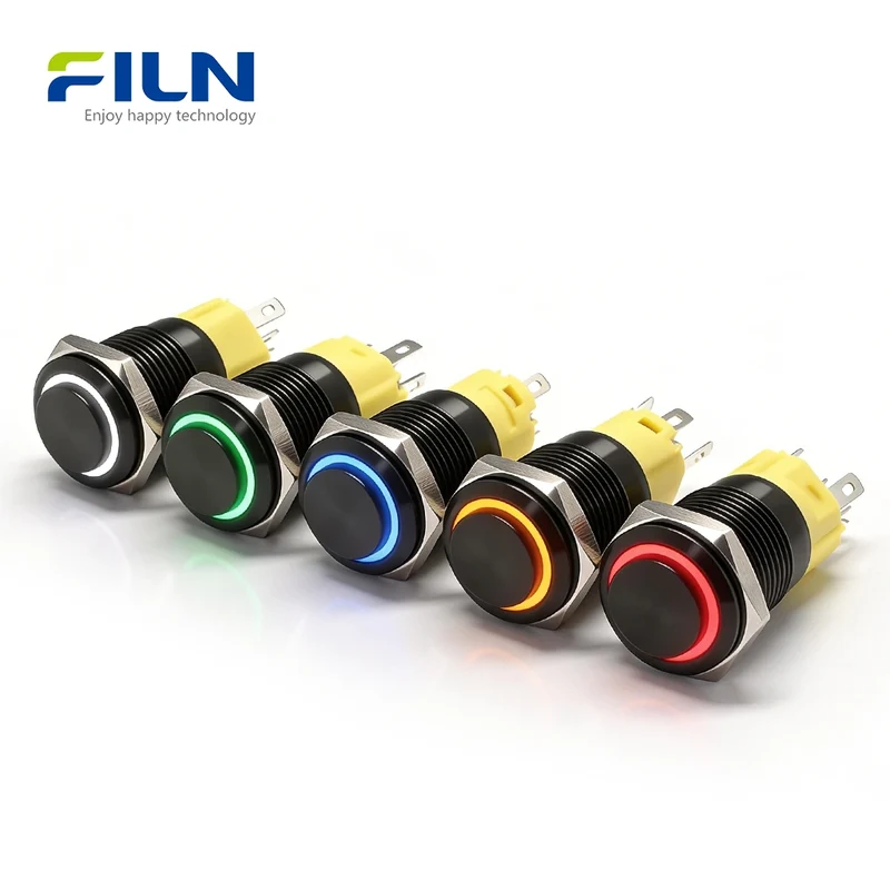 Momentary Push Button Switch 3V-220V 16mm High Head 5-Pin Stainless Steel LED FILN
