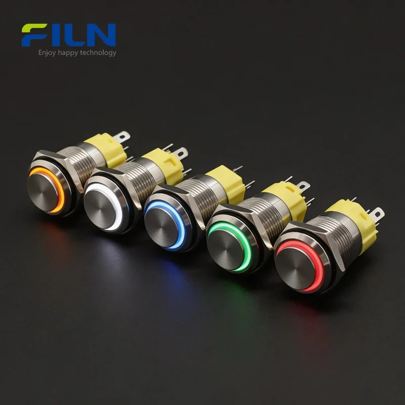 Momentary Push Button Switch 3V-220V 16mm High Head 5-Pin Stainless Steel LED FILN