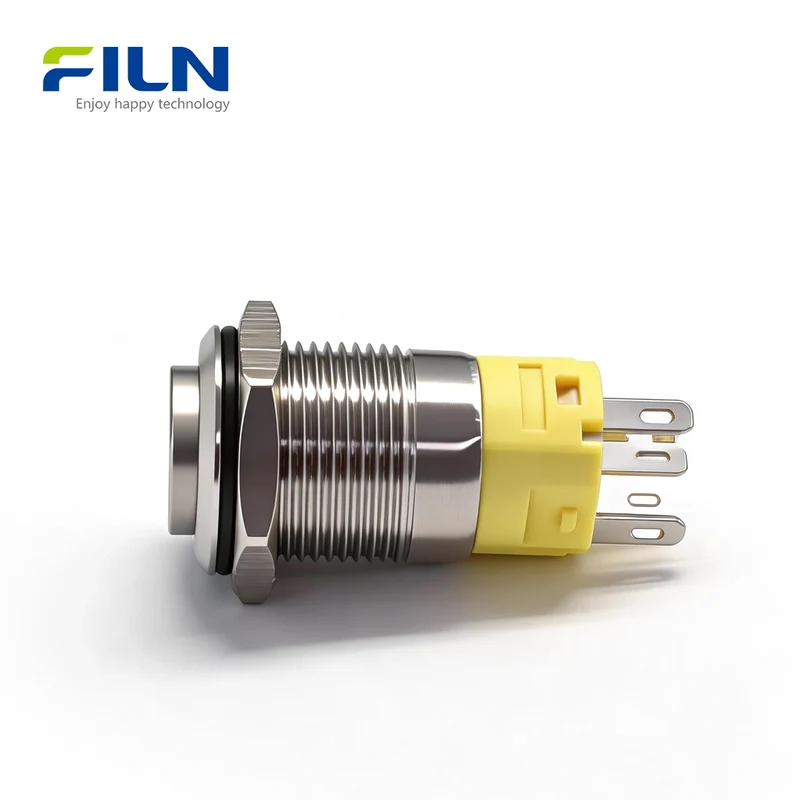 Momentary Push Button Switch 3V-220V 16mm High Head 5-Pin Stainless Steel LED FILN