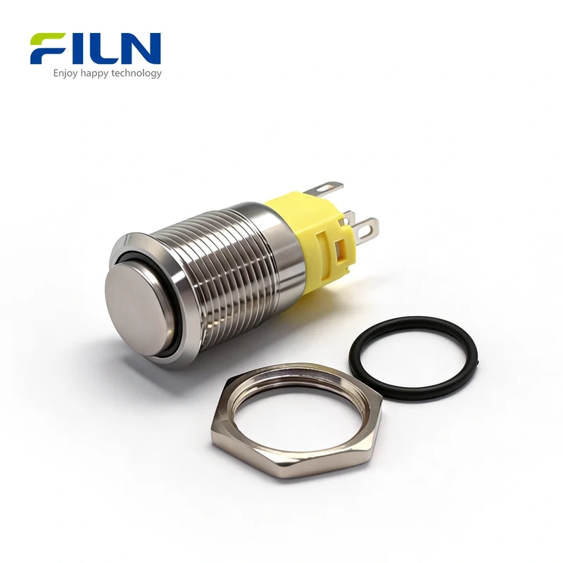 Momentary Push Button Switch 3V-220V 16mm High Head 5-Pin Stainless Steel LED FILN