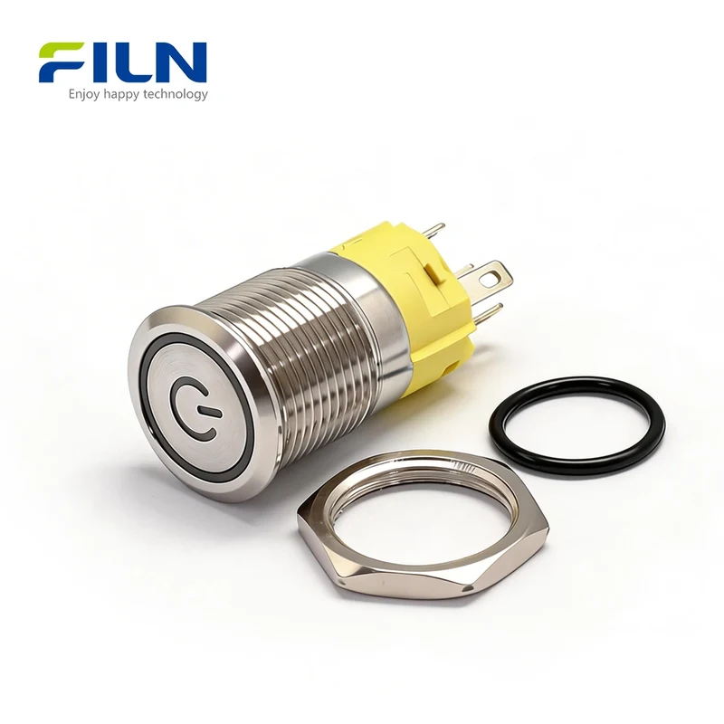 Metal Push Button Switch 12v Ring Power Symbol 16mm LED light 5Pin Terminal FILN