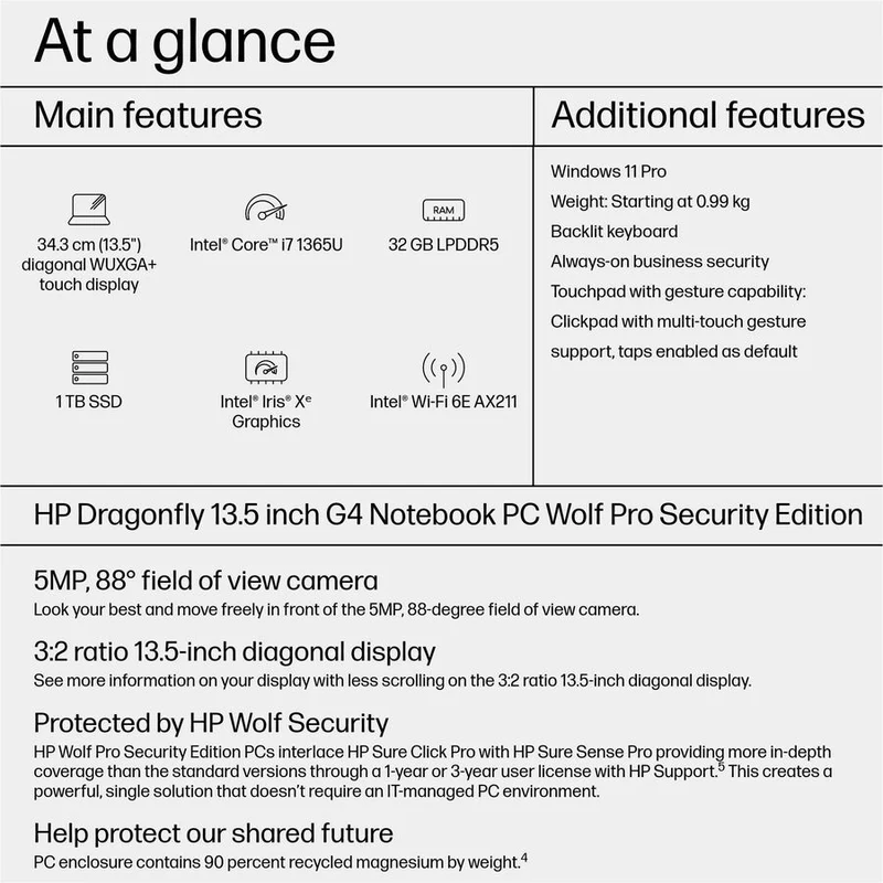 Ordinateur portable HP à écran tactile 13.5" - WUXGA+ - Intel Core i7 13e génération i7-1365U - Plateforme Intel Evo - 32 Go - SSD 1 To - Clavier anglais 878H8UT#ABA