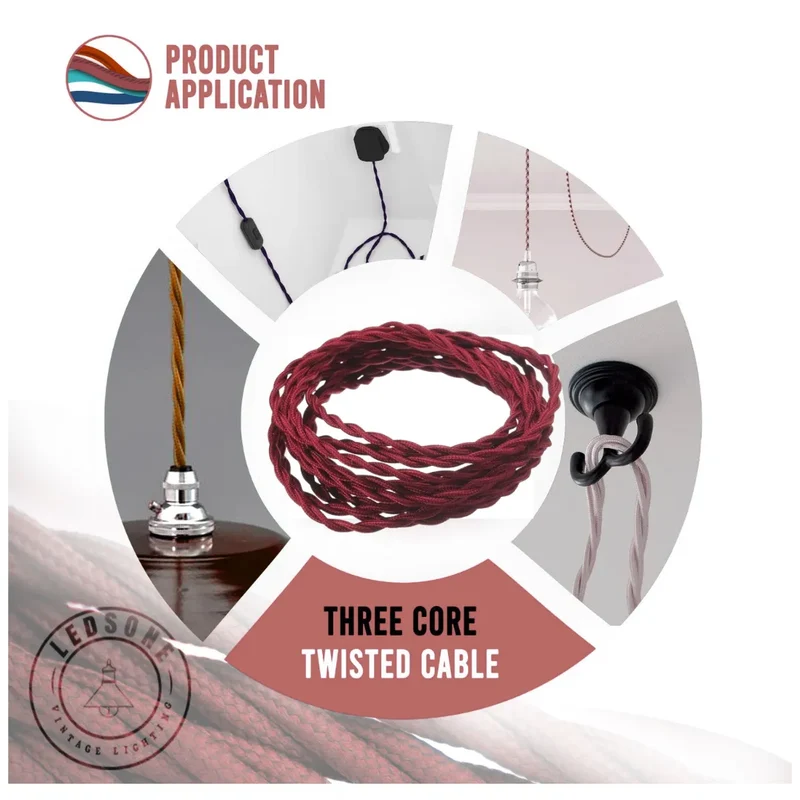 Câble électrique torsadé 1/5/10 m 3 cœurs tissu couleur bordeaux massif 0,75 mm ~ 4815