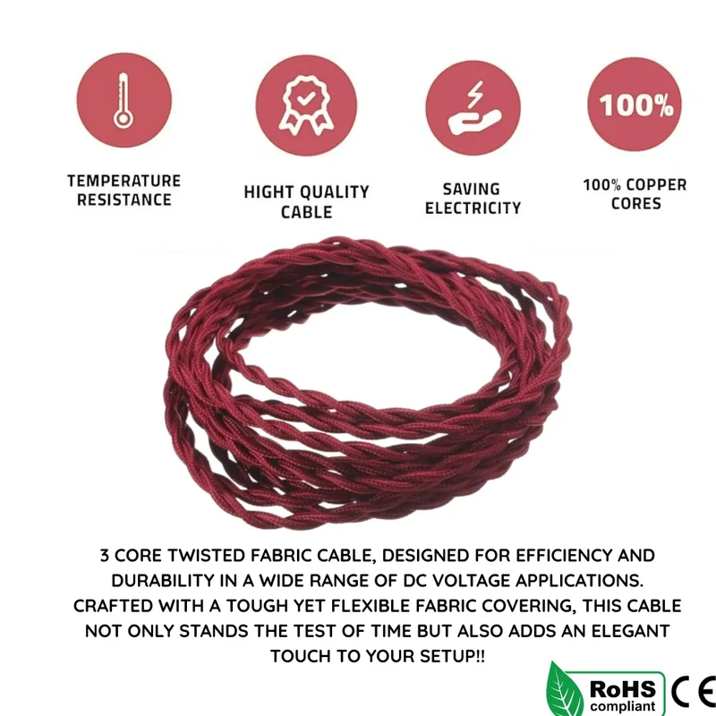 Câble électrique torsadé 1/5/10 m 3 cœurs tissu couleur bordeaux massif 0,75 mm ~ 4815
