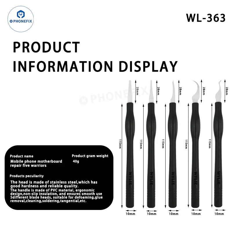 Couteau de réparation intégré WYLIE WL-363, kit 5 en 1 pour la réparation de téléphones