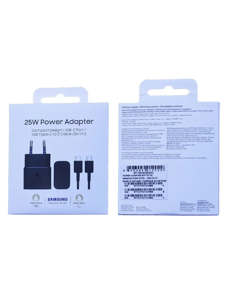 Kit chargeur Samsung Galaxy Type-C (25W) + Câble USB-C (3A/1m) NOIR
