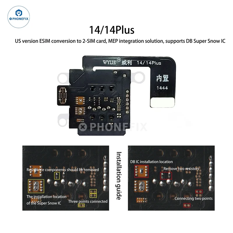 Kit WYLIE iPhone 14-17 eSIM vers 2 SIM MEP compatible avec la puce DB UltraSnow