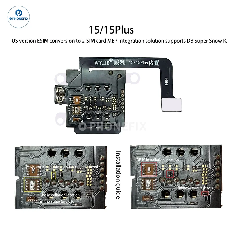 Kit WYLIE iPhone 14-17 eSIM vers 2 SIM MEP compatible avec la puce DB UltraSnow