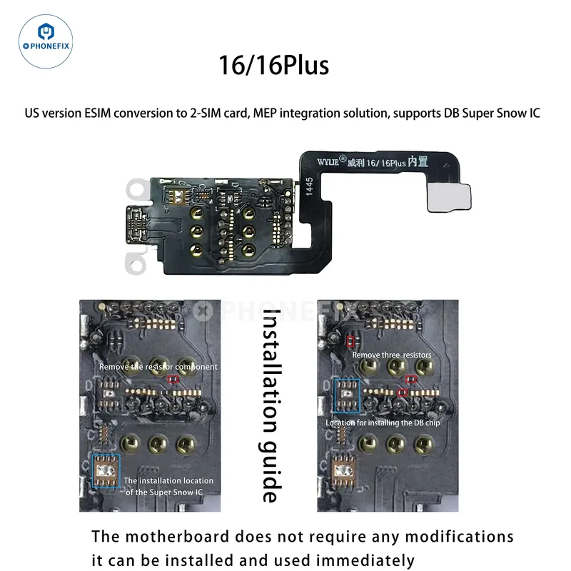 Kit WYLIE iPhone 14-17 eSIM vers 2 SIM MEP compatible avec la puce DB UltraSnow