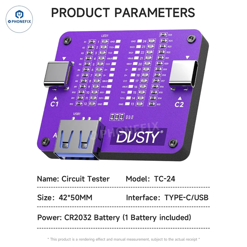 Testeur de broches de défaut de circuit pour câble de données Type-C MECHANIC TC-24 Dusty