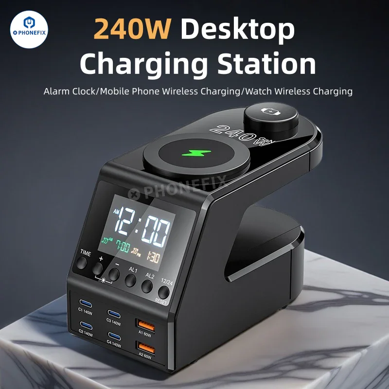 Chargeur rapide de bureau 240 W avec charge sans fil pour téléphone et montre