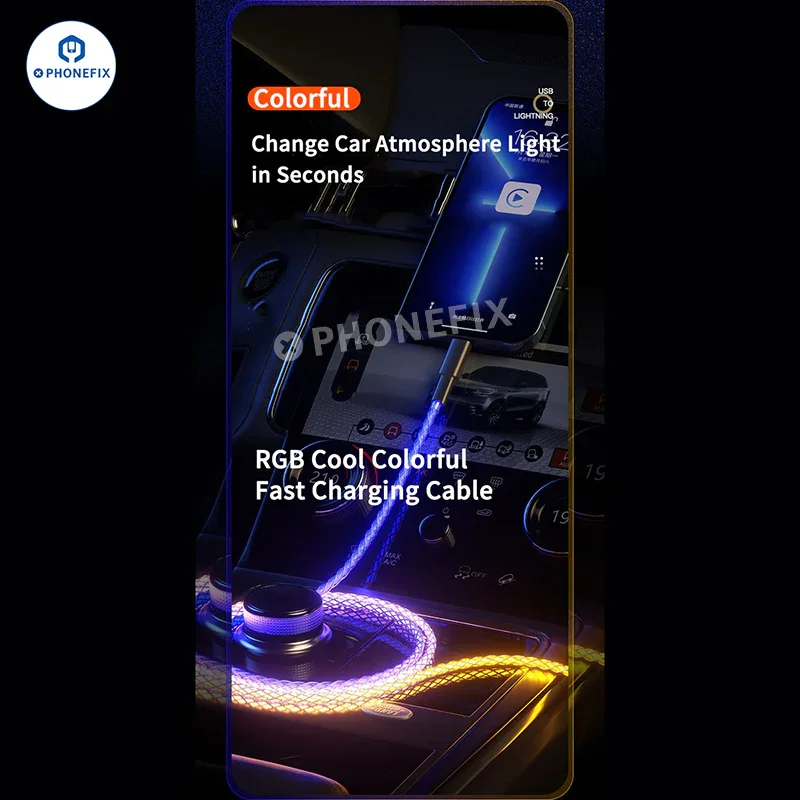Câble de charge ultra-rapide 6A avec éclairage dégradé pour téléphone et CarPlay, et câble de données