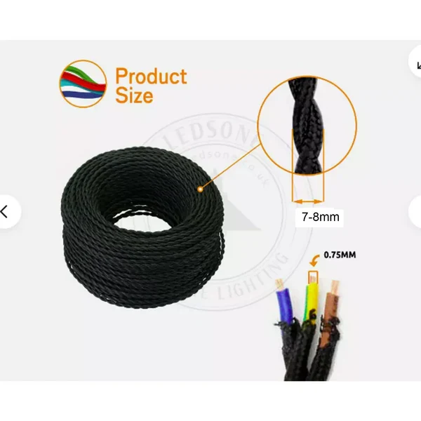 LEDSone Câble Électrique Textile Torsadé Noir 3x0,75 mm² ~ 1152