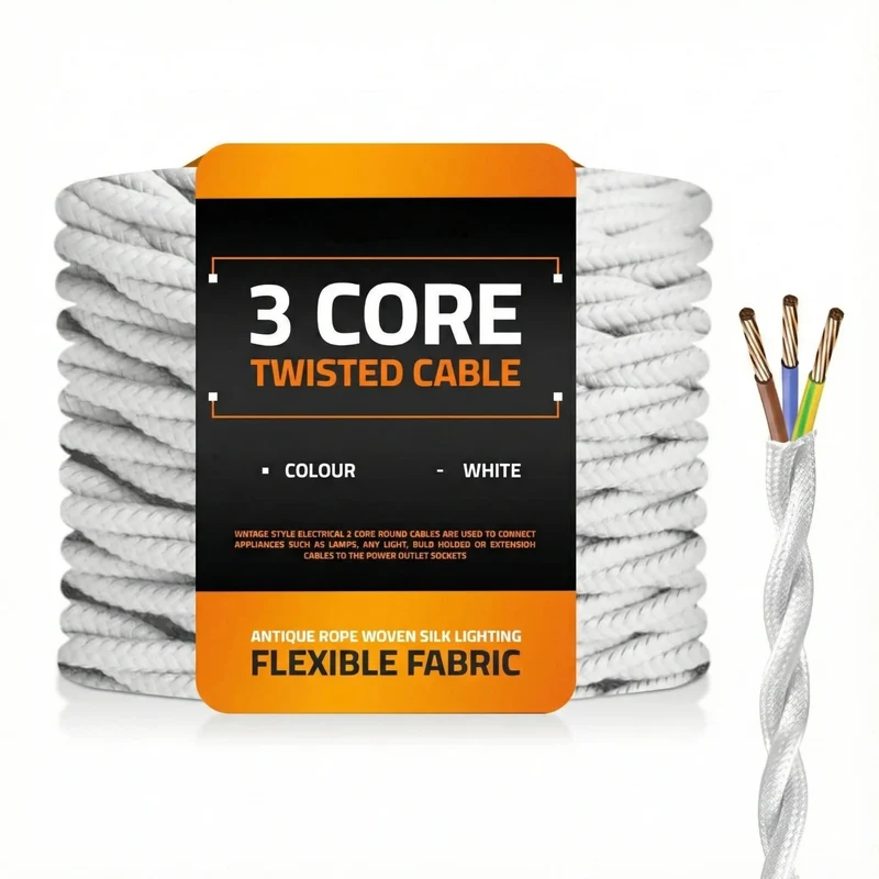 Câble électrique textile torsadé blanc 3x0,75 mm² – Vintage ~ 3061