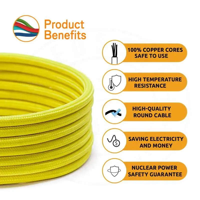Câble flexible jaune clair tissu tressé rond vintage 10 m 3 noyaux 0,75 mm-4581