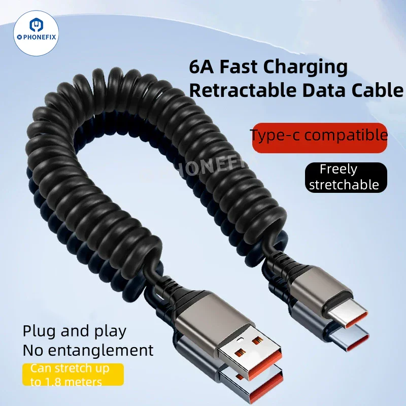 Câble de données de charge ultra-rapide rétractable 6 A pour voiture
