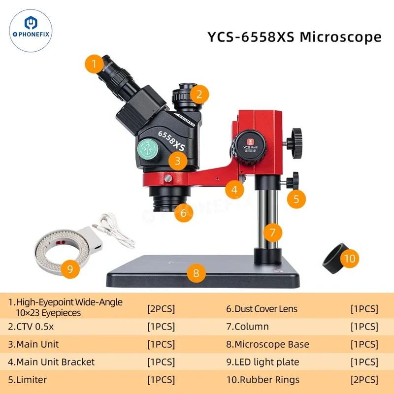 Microscope trinoculaire HD YCS 6558S 6558XS avec zoom 6.5-58X et caméra 4K