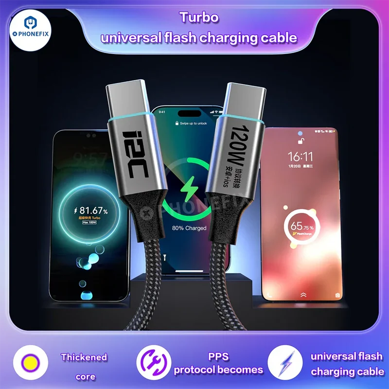 Câble de charge rapide USB-C i2C Turbo pour téléphones iOS et Android