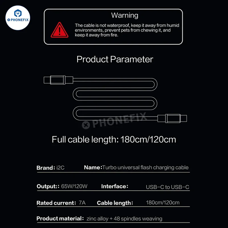Câble de charge rapide USB-C i2C Turbo pour téléphones iOS et Android