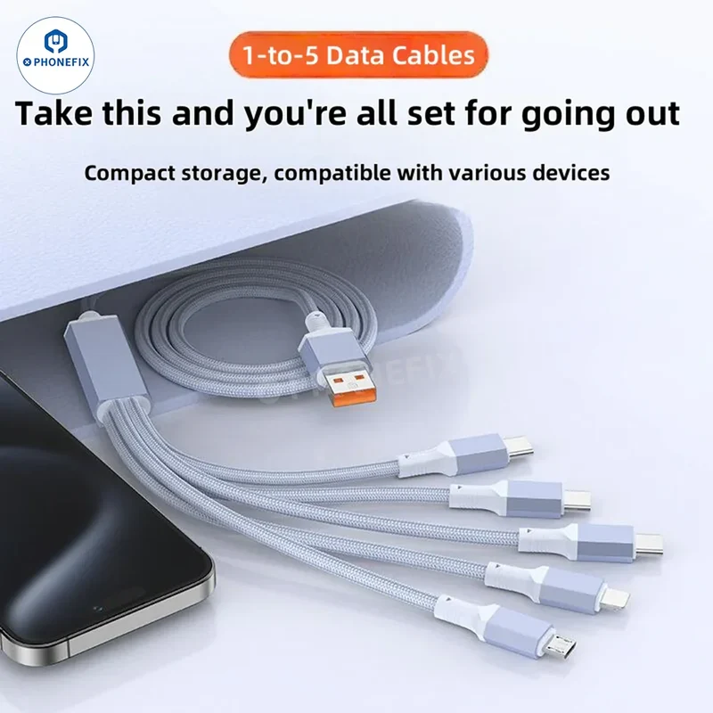 Câble de données de charge rapide 5 en 1 100 W avec port micro USB-C Lightning