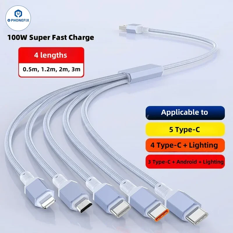 Câble de données de charge rapide 5 en 1 100 W avec port micro USB-C Lightning