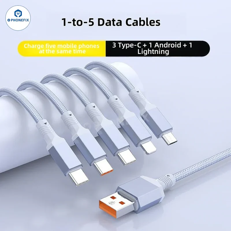 Câble de données de charge rapide 5 en 1 100 W avec port micro USB-C Lightning