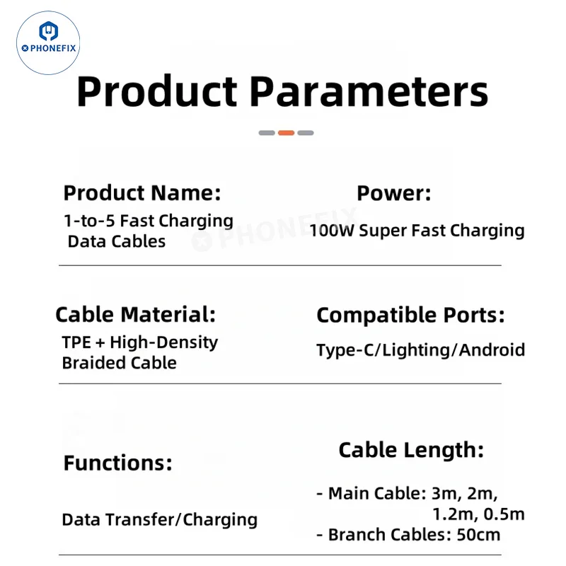Câble de données de charge rapide 5 en 1 100 W avec port micro USB-C Lightning