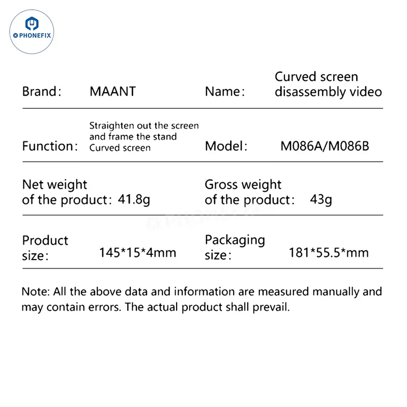 Lame de démontage d'écran incurvé MaAnt M086, outil de levier pour écran LCD mobile