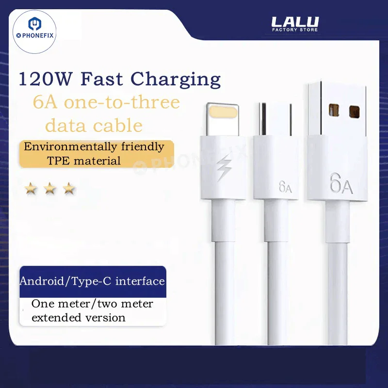 Câble de données de charge rapide 6A Micro Type-C Lightning pour iPhone Android