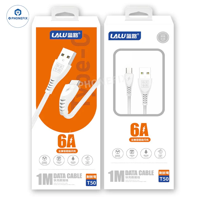 Câble de données de charge rapide 6A Micro Type-C Lightning pour iPhone Android