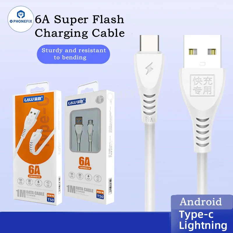 Câble de données de charge rapide 6A Micro Type-C Lightning pour iPhone Android