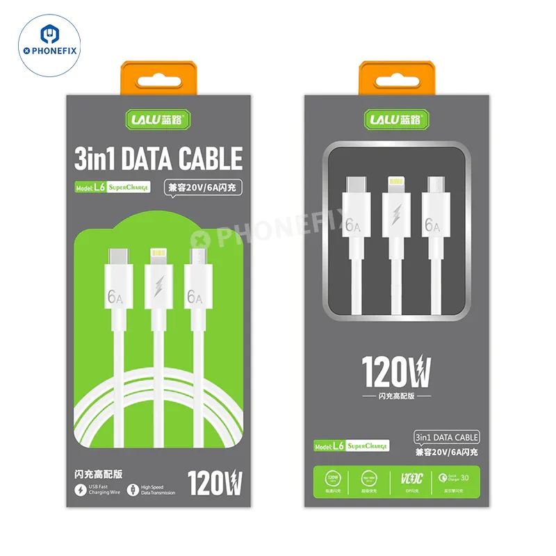 Câble de données de charge rapide 6A Micro Type-C Lightning pour iPhone Android