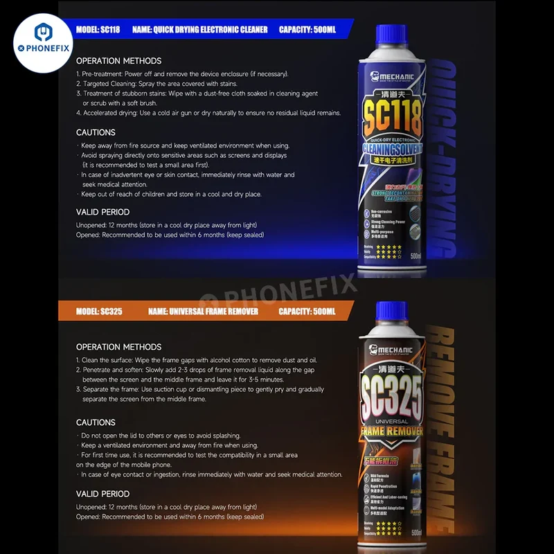 MECHANIC Nettoyant électronique à séchage rapide Dissolvant de colle pour cadre de téléphone