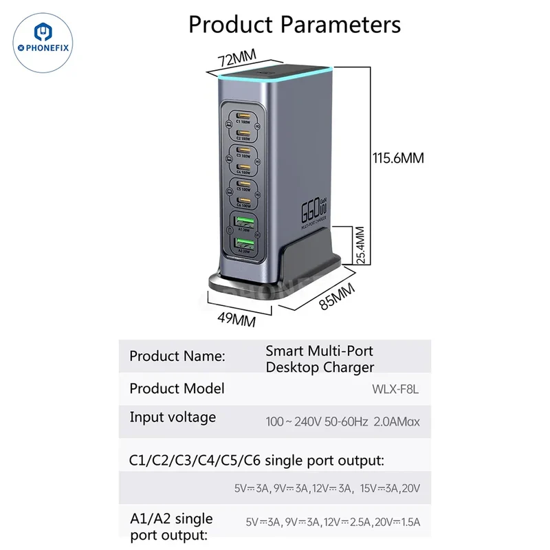 Chargeur rapide PD/QC8 WLX-F660L 8 W GaN 3.0 ports