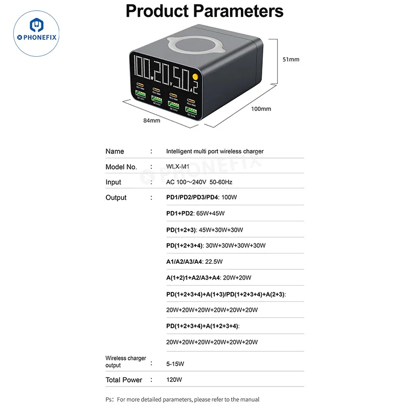 Chargeur sans fil WLX-M3 WLX-M1 QC PD USB-A USB-C 8 ports