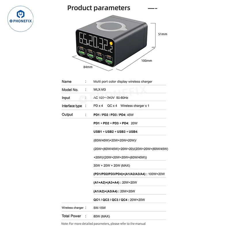 Chargeur sans fil WLX-M3 WLX-M1 QC PD USB-A USB-C 8 ports