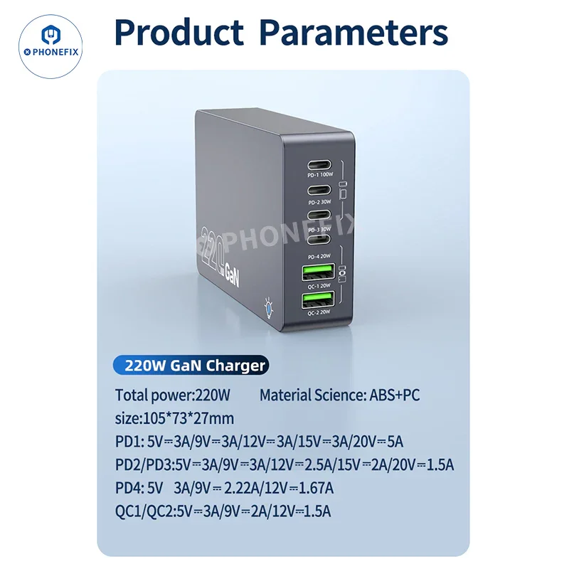 Chargeur de bureau intelligent GaN WT-F8A 220 W USB-A Type-C
