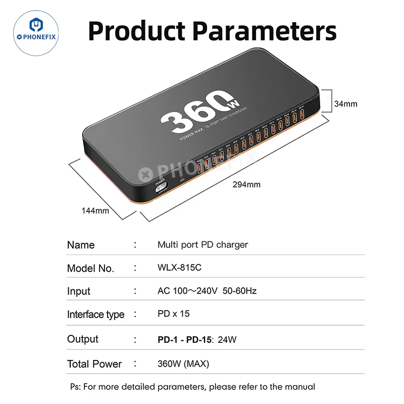 Station de charge rapide PD WLX-815C 360 W 15 ports USB-C