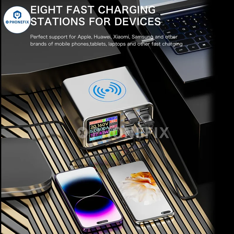 Station de charge rapide TenSai 100 W 8 ports avec chargeur sans fil