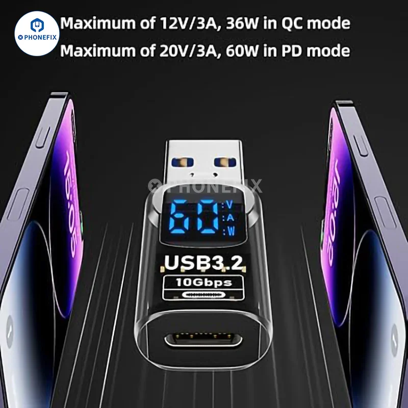 Adaptateur USB 3.2 Type-C pour téléphone portable et ordinateur portable avec affichage numérique