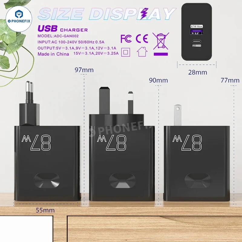 Adaptateur double chargeur rapide USB ultra-rapide 87 W à protocole complet