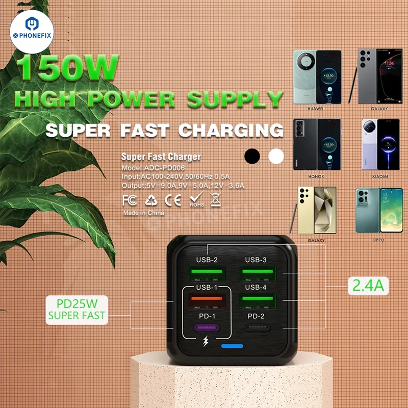 Chargeur rapide multiport 150 W, chargeur USB portable de voyage