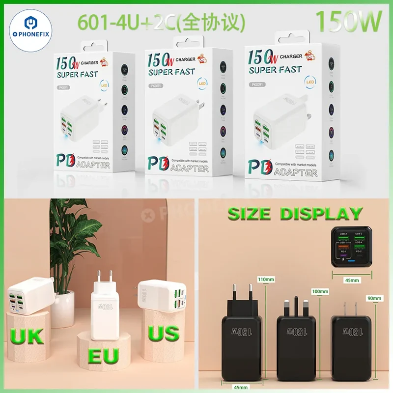 Chargeur rapide multiport 150 W, chargeur USB portable de voyage