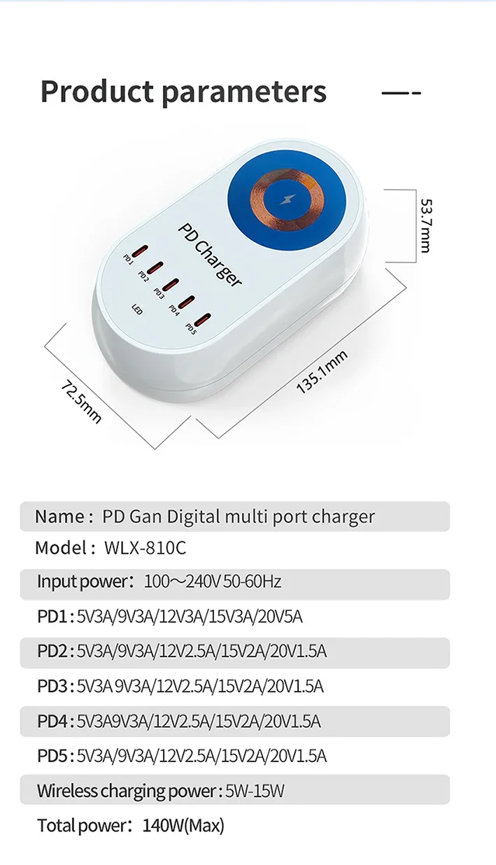 Chargeurs rapides sans fil numériques multiports i-Travel 140 W 5 ports PD GaN