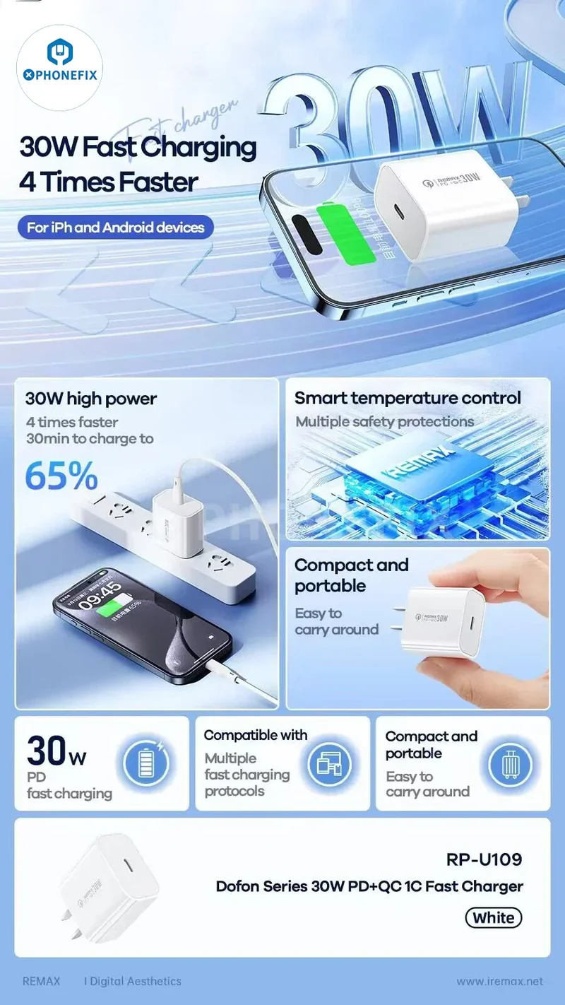 Chargeur rapide Remax 30 W PD+QC, adaptateur de charge Type-C