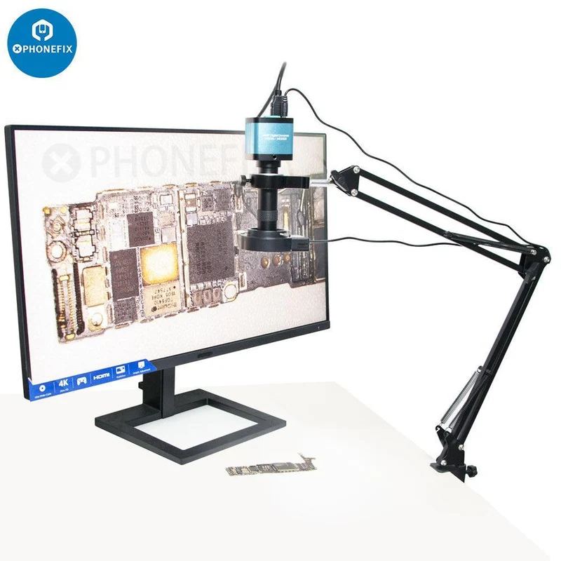 Caméra de microscope industriel USB 4K avec objectif 1-130X et support en porte-à-faux