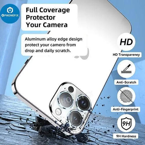 Protection d'objectif d'appareil photo en verre trempé avec anneau métallique pour iPhone 13 et 14