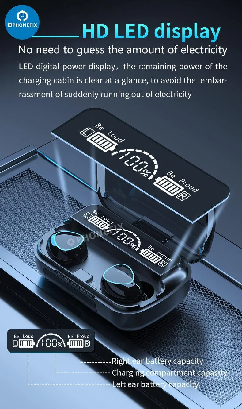 Écouteurs Bluetooth étanches M10 TWS LED 9D sans fil