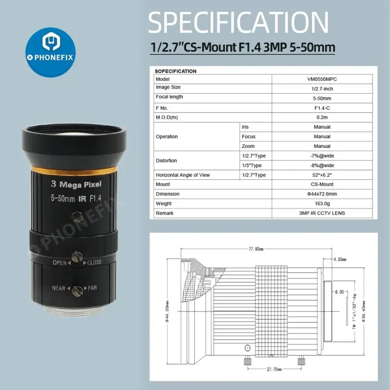Caméra 4K UHD CCD, détecteur numérique, objectif 5.0-50 mm F1.4, caméra industrielle en direct